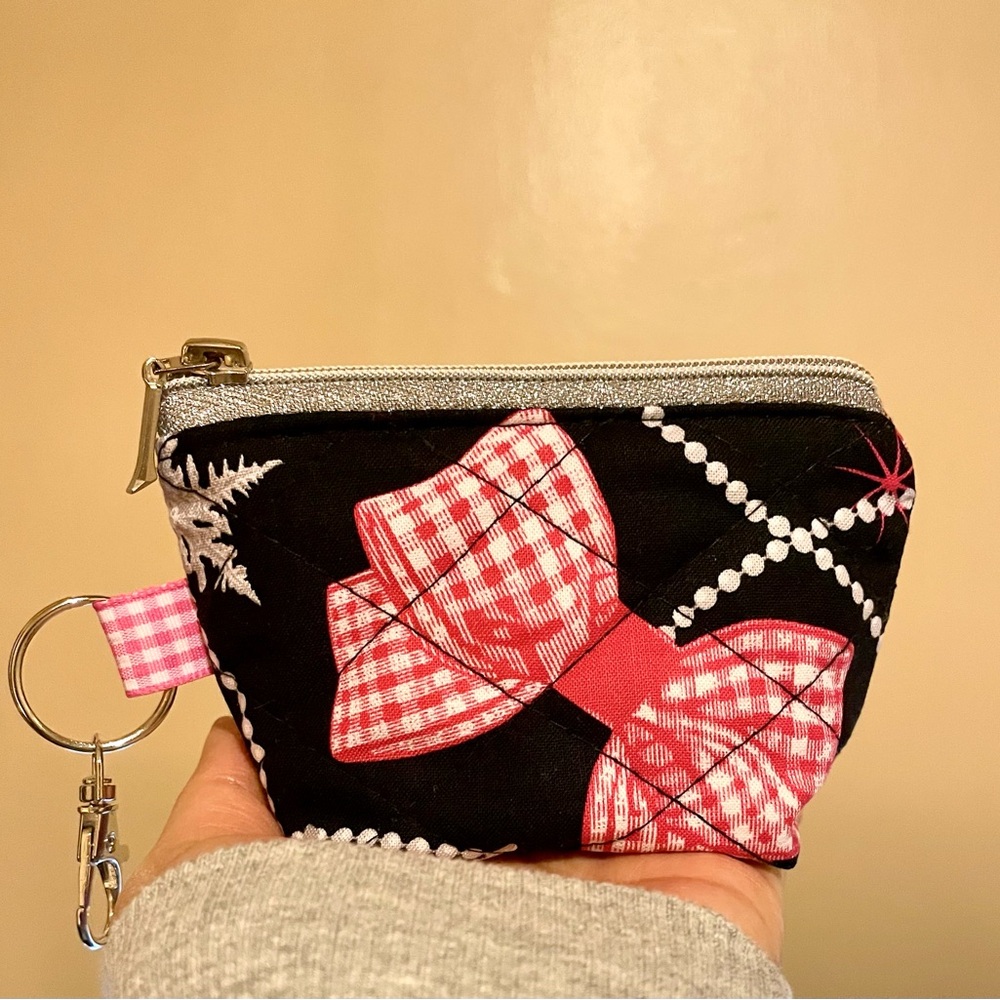 X-Mas Bow Print Coin/Card/ Key Holder Pouch - Puff Quilted!